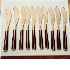Vintage MCM Jean Claude Style Rosewood Brass Bronze Flatware KNIVES 10pcs READ